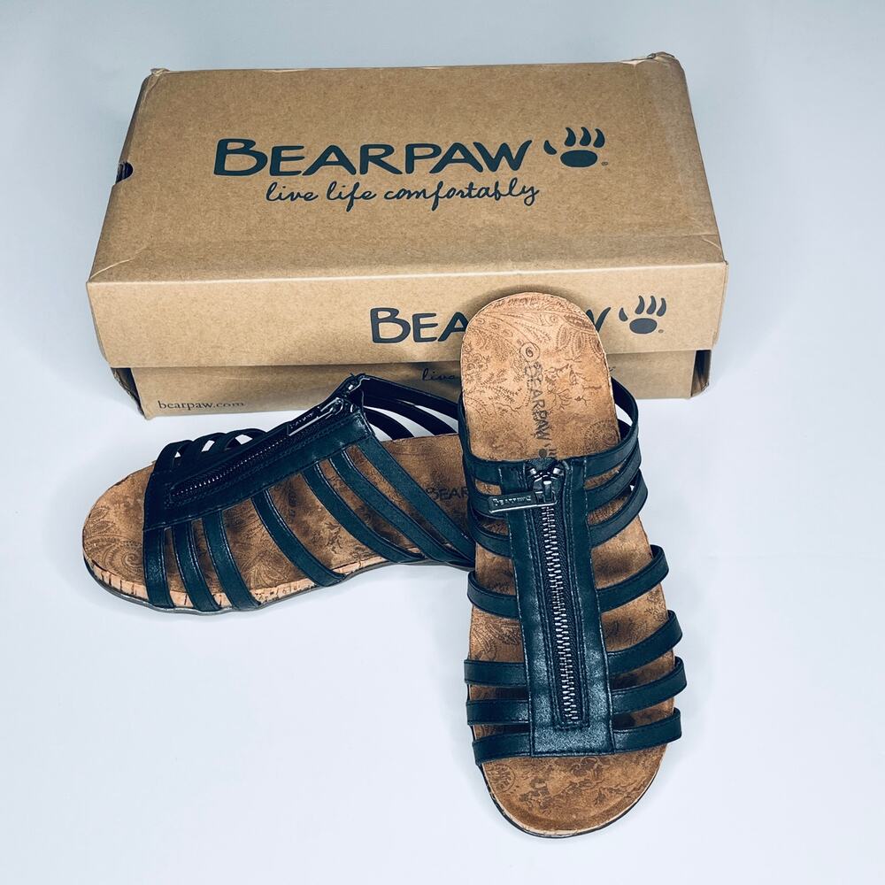 BearPaw Sabrina Black Zipper Strappy Sandals Shoes New 9